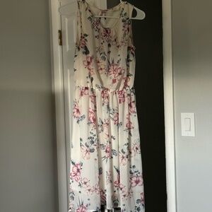 H&M - Girl's Round Neck Floral Midi Dress - 14 Years+ - Ivory, Pink, Green